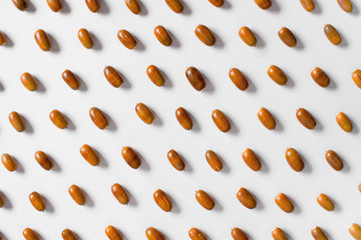 Pattern of autumn acorns on the light grey background
