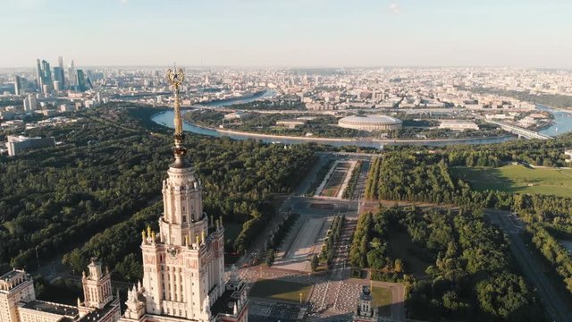 Aerial Moscow skyline cityscape. Moscow State University at summer day