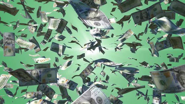 One hundred dollar bills falling from above, on a green background.