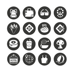 food and travel icon set in circle buttons