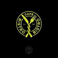 Bistro restaurant or cafe logo. Snack emblem. A fork and a knife in a yellow circle. Fast food cafe icon.