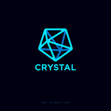 Crystal logo. Five-pointed blue crystal and letters on a dark background.