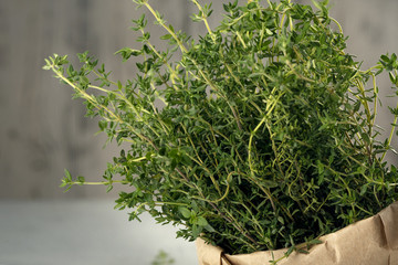 Spicy herb thyme in a paper bag