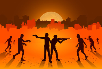 Silhouette of people stand and fighting crowd zombie with handgun and rifle on ruined city background. Illustration about orange theme and Holloween.