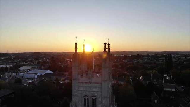 Areal shoot of Church of St. Mary at sunrice, St. Neots town, Cambridgeshire, England, UK