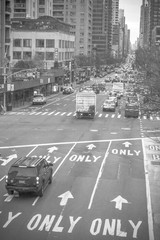 New york traffic lanes, black and white photo