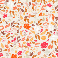 Vector seamless pattern of autumn leaves and flowers. Background for textile or book covers, wallpapers, design, graphic art, printing, hobby, invitation.