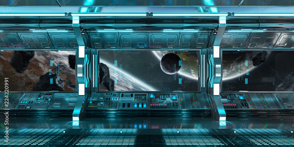 Poster blue spaceship interior control panel station 3d rendering