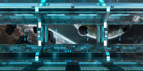 Blue spaceship interior control panel station 3D rendering © sdecoret