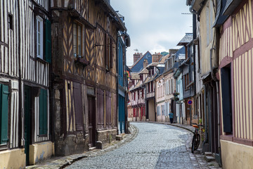 Traditional half-timbered houses along a back street, Rouen, France