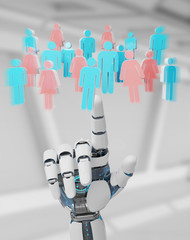 White cyborg hand controlling group of people 3D rendering