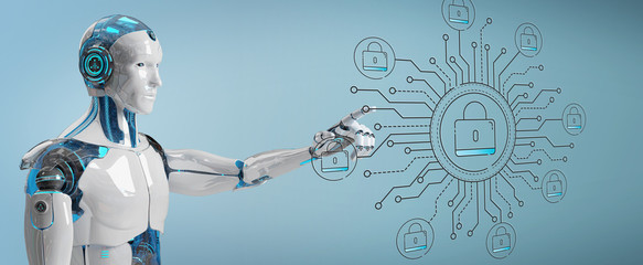 White robot on blurred background hacking and accessing private cyber datas