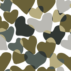 Vector Heart Camouflage green and gray color seamless pattern. Khaki repeat como abstract background.