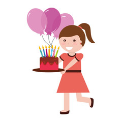 cute girl holding birthday cake with candles and balloons