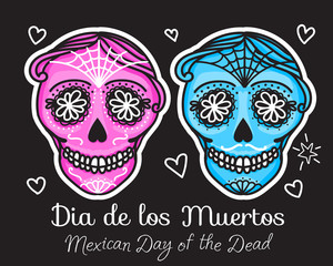 Calavera sign Dia de los muertos. Mexican Day of the dead. Vector hand darwing illustration woman and man sticker