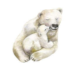 Polar bear. Mom and baby. Watercolor illustration. © Анна Замолоцкая