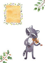 Fototapeta premium Watercolor illustration of raccoon with violin.