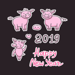 Set of Pigs cute doodle pencil hand drawing. Inscription sticker Happy New Year. Chinese year sign 2019. Vector illustration isolated on dark background.
