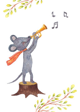 Watercolor illustration of mouse with trumpet