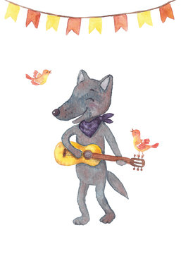 Watercolor illustration of wolf with guitar.