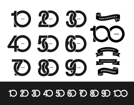 Set of anniversary pictogram icon. Flat design. 10, 20, 30, 40, 50, 60, 70, 80, 90, 100 years birthday logo label, black and white stamp. Vector illustration. Isolated on white background.