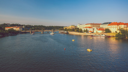 Naklejka na ściany i meble View to Vitava river from Charles Bridge in Prague, beautiful summer day