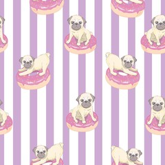 Pink seamless pattern with funny french bulldog and donut.