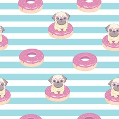 Pink seamless pattern with funny french bulldog and donut.