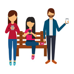 Obraz premium young people using smartphone on bench