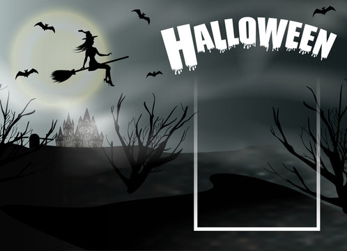 Halloween background with flying young witch and full moon. Fantasy night panoramic view with frame. Vector