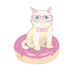 Vector hand drawn cute cat's face saying Hello. Isolated illustration with lettering on white background