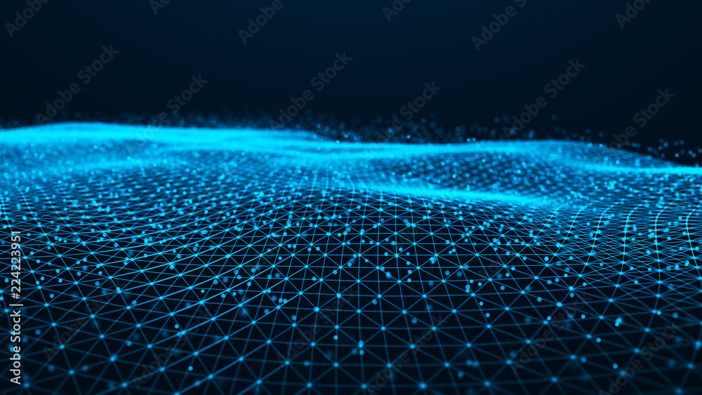 Aufkleber Wave of particles. Futuristic blue dots background with a dynamic wave. Big data. 3d rendering.