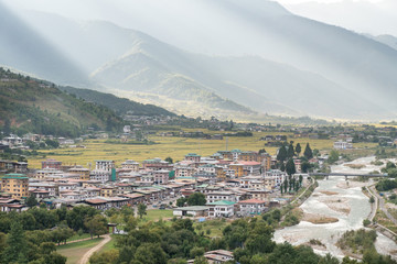 Naklejka premium Aerial View of the city of Paro, Bhutan
