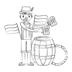 bavarian man with beers and barrel flags celebration