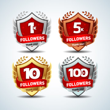 1K, 5k, 10k, 100k Followers. Silver, bronze, gold, platinum versions. Design logotype, sign template for social network and follower. Web user celebrates a large number of subscribers or followers. 