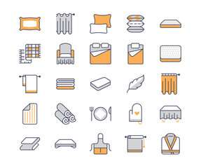 Bedding flat line icons. Orthopedics mattresses, bedroom linen, pillows, sheets set, blanket and duvet illustrations. Thin signs for interior store.