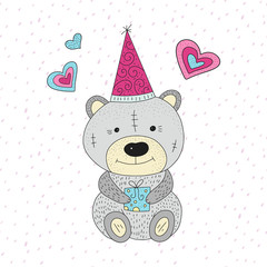 Greeting vector illustration with cartoon cute teddy bear.