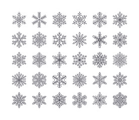 Cute snowflakes collection isolated on white background. Flat line snow icons, snow flakes silhouette. Nice element for christmas banner, cards. New year ornament.