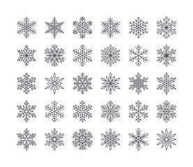 Cute snowflakes collection isolated on white background. Flat line snow icons, snow flakes silhouette. Nice element for christmas banner, cards. New year ornament.
