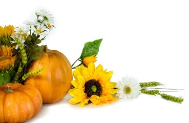 Close-Up of Pumpkins with Flowers