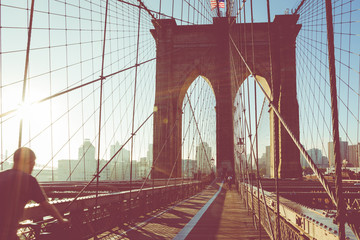Brooklyn Bridge in New York City. Famous landmark in USA at morning light.