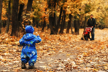 Little toddler in blue jumpsuit and cap standing in autumn park with his back to the camera and looking at his father with red push chair. Focus on the kid