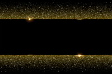 Golden glitter and shiny golden frame on black background. Vector horizontal luxury background.