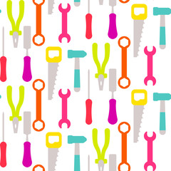 Colorful construction instruments seamless vector pattern in flat lay kid style.