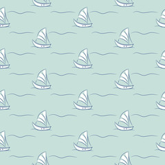 Marine blue boats line style seamless pattern background.