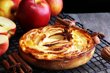 Apple tart. Gourmet traditional holiday apple pie sweet baked dessert food with cinnamon and apples...