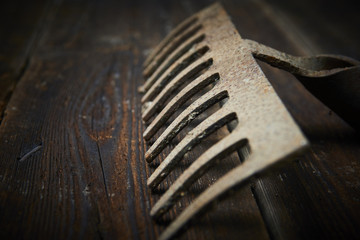 Old rusty rake lying on a bare wooden board. Selective focus