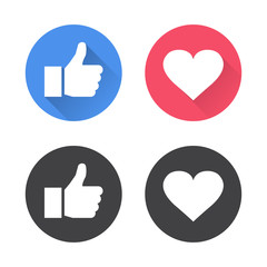 Obraz premium Thumbs up and heart icon in a flat design. Vector illustration