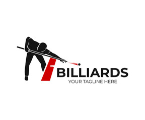 Pool billiards, human next to red table with snooker cues and balls, logo design. Billiards sport game and tournament with player, vector design and illustration - obrazy, fototapety, plakaty