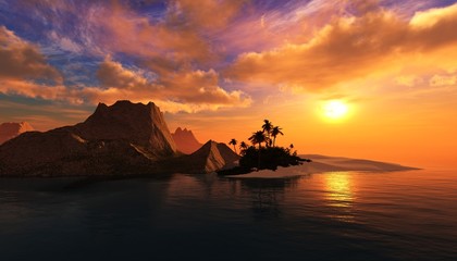 Fototapeta na wymiar Island in the ocean at sunset, Tropical islands, beautiful seascape, 